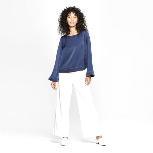 Navy PROLOGUE LONG WIDE SLEEVE SQUARE NECK BLOUSE SHIRT TOP Sz Small women - Picture 4 of 11